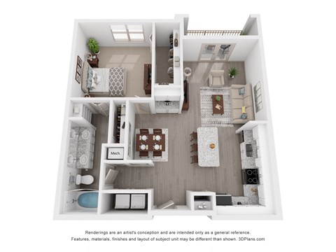 Floor plan for 1 bed, 1 bath, 844 sqft